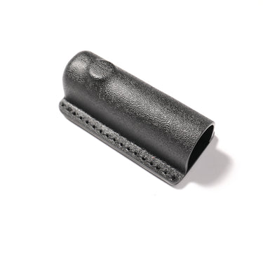Black leather spotlight holder sleeve, stitched edge, open cylindrical end