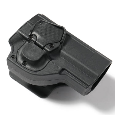 Black polymer handgun holster with textured grip panel and retention screw
