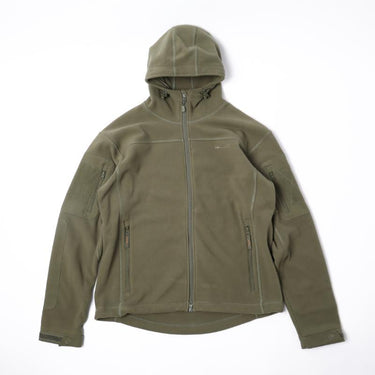 Hooded fleece jacket, full-zip front, zip pockets, olive green