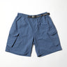 Blue vintage-style PCS shorts with cargo pockets and elastic waistband, black logo belt