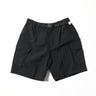 Black cargo shorts with elastic waistband and side flap pockets