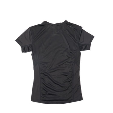 Black short-sleeve T-shirt with crew neck and small chest logo, side view