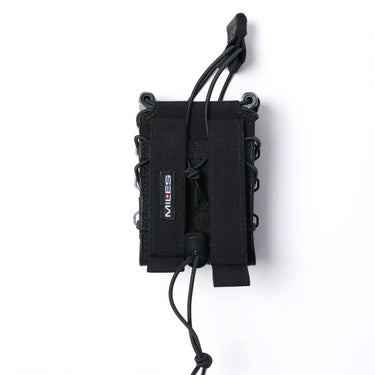 Black double rifle magazine pouch with MOLLE webbing and pull straps
