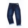 Dark blue tactical denim jeans, front view with belt loops and two front pockets