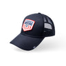 Black trucker cap with front logo patch and black mesh side panels