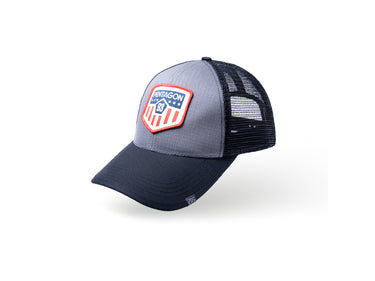 Grey trucker cap with front logo patch and black mesh side panels