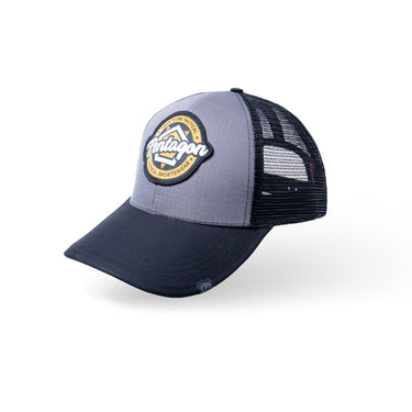Light gray trucker cap with front logo patch and black mesh side panels