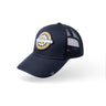 Navy-black trucker cap with front logo patch and black mesh side panels