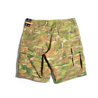 Camouflage cargo shorts with drawstring waist and rear cargo pockets with flap details