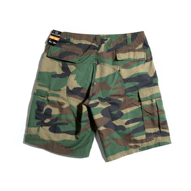 Woodland camo cargo shorts with belt loops, multiple cargo pockets, and button fly