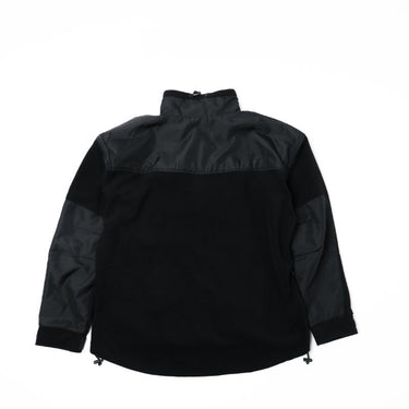 Black fleece jacket rear view with full zip and stand collar, hem cinch pulls.