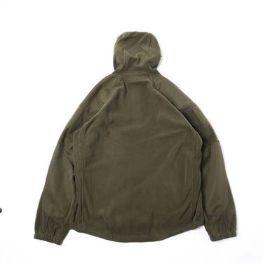 Olive green fleece jacket back view with attached hood and zip front