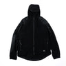 Black fleece jacket with zip front, hood, and side zipper pockets