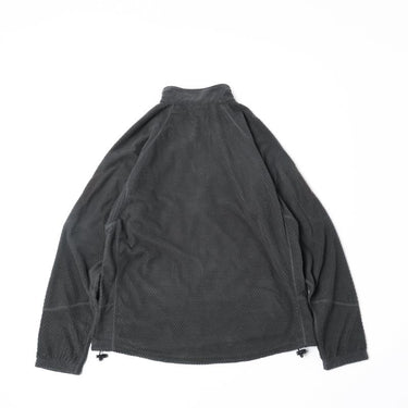 Dark gray grid fleece jacket back view with stand collar and full-length zip.