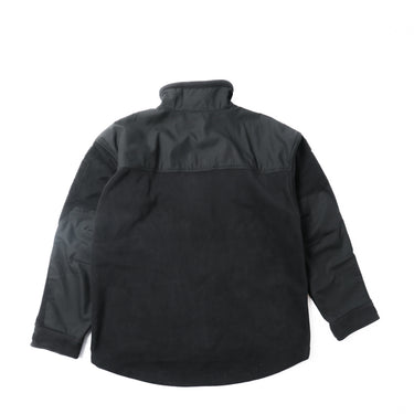 Black double fleece jacket with high collar and relaxed fit, rear view