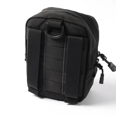 Black utility pouch with side MOLLE straps, loop handle, and zip pull
