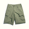Olive green cargo shorts with belt loops, button front, and side flap pockets.