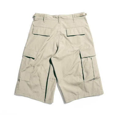 Khaki cotton ripstop BDU shorts with cargo pockets and utility tab detailing