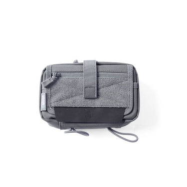 Gray medical pouch with top flap, front panel pocket, and hanging elastic cords
