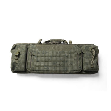 Green camo rifle bag with MOLLE-style side pouches and padded carry handle