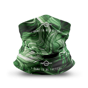 Emerald neck gaiter with abstract swirl graphic and Pentagon logo print