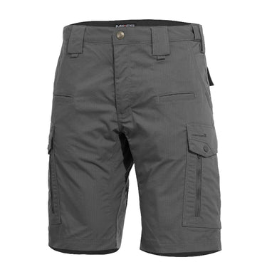 Dark gray tactical cargo shorts with belt loops, button waist, and side leg pocket