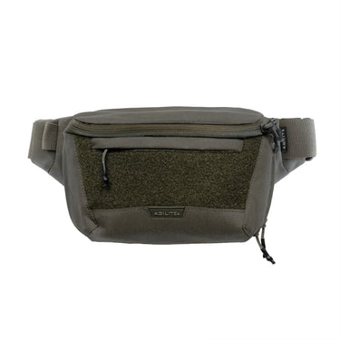 Agilite fanny pack in dark green with zippered front pocket and webbing belt