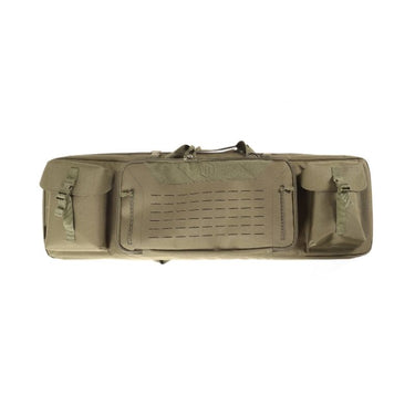 Double rifle bag in tan with padded central panel and side zip storage pockets