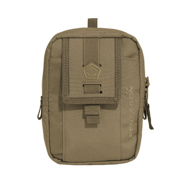 Small tan admin pouch with front strap pocket and top webbing handle