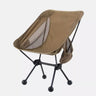 Tan folding camping chair with mesh side panels and padded seat, four splayed legs