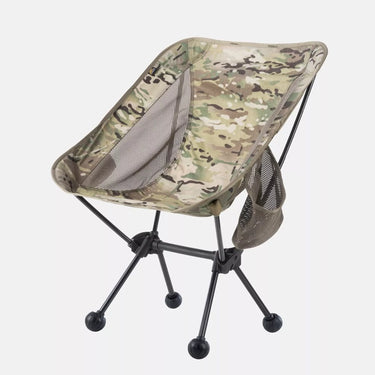 Multicam folding camping chair with mesh side panels and padded seat, four splayed legs
