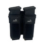 Double pistol magazine pouch, black textured fabric with two open top magazine sleeves