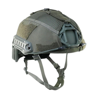 Olive green helmet cover with mesh top and gray protective visor