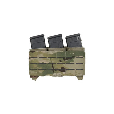 Multicam MOLLE placard with three vertical pouches and grid webbing