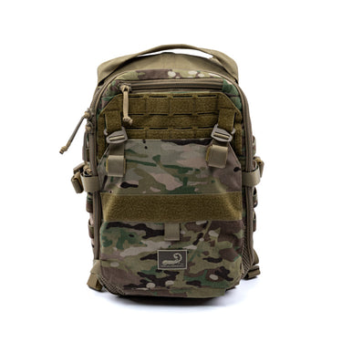 Coyote multicam assault pack with front MOLLE panel and zippered organizer pouch