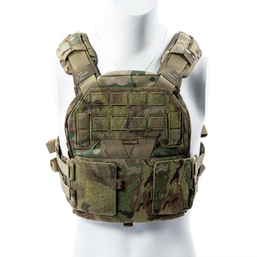 Woodland camouflage plate carrier with front grid panel, padded straps, and MOLLE pockets