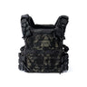 Dark patterned plate carrier vest with front MOLLE webbing and black straps.