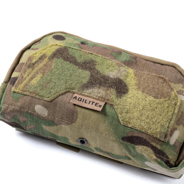 Multicam admin pouch front with hook-and-loop patch panel and fabric zipper pocket