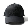 Black logo cap with embroidered emblem on front; curved brim, six-panel design