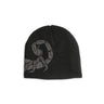 Black knit beanie cap with gray Scorpion-style logo patch on front
