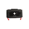 Black compact trauma pouch with hook-and-loop cross patch and red pull tabs