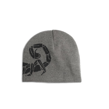 Grey knit beanie cap with black Scorpion-style logo patch on front
