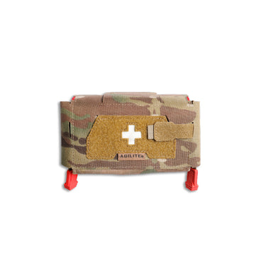 Multicam compact trauma pouch with hook-and-loop cross patch and bright red pull tabs