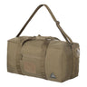 Khaki deployment bag with front patch panel and triangular logo emblem