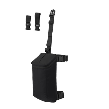 Rope bag with black straps and buckles, cylindrical carry pouch with top webbing.