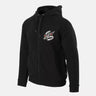 Black full-zip hoodie with hood, drawstrings, front zipper, and chest graphic