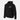 Black zip-front hoodie with hood and small chest logo patch