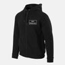 Black zip-front hoodie with hood and small chest logo patch