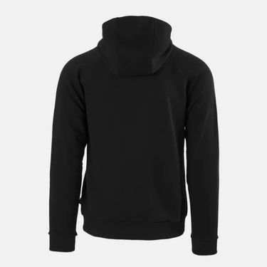 Black zip-front hoodie with hood, back view