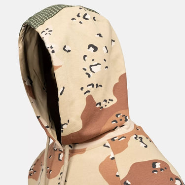 Back view of desert camo kangaroo hoodie with hood and drawcord